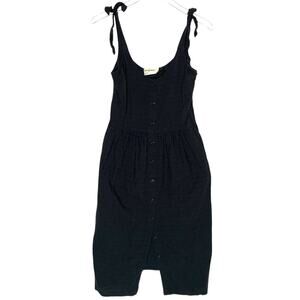 Eve Gravel Suzy Dress XS Black Textured 100% Cotton Bow Straps Button Front